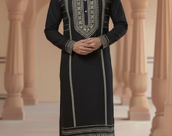 Mirror Work Men's Kurta | Black Silk-Cotton, Lucknowi Embroidery