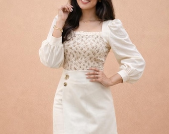 Minimalist and Comfortable Mini Skirt for Women, Puff Sleeves Crop Top Set, Floral Smocked Top and Mini Skirt Set, womens clothing