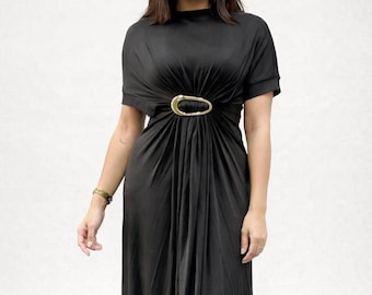Black Maxi Dress For Women, Elegant Party Gown, Gold Buckle, cocktail dresses for Her, Draped Waist long dresses, valentines gifts for her