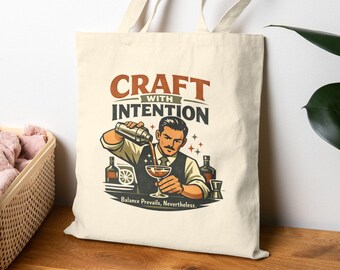 Craft With Intention Canvas Tote Bag, Retro Bartender Aesthetic Bag, Cocktail Lover Gift, Mixologist Bag, Vintage Bar Design