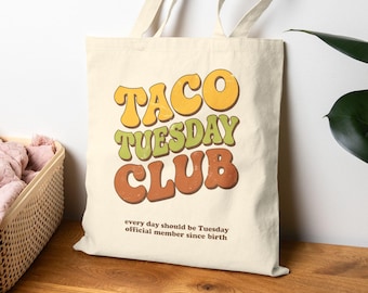 Taco Tuesday Club Canvas Tote Bag, Funny Taco Lover Aesthetic Bag, Retro Groovy Gift, Foodie Humor Totebag, Tuesday Enthusiast Bag