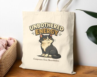 Unbothered Energy Canvas Tote Bag, Grumpy Cat Aesthetic Bag, Funny Cat Lover Gift, Sarcastic Cat Bag, Funny Kitty Illustration