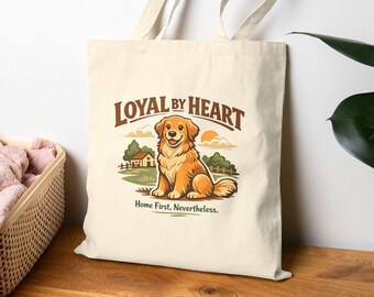 Loyal By Heart Canvas Tote Bag, Retro Golden Retriever Bag, Dog Lover Gift, Cute Dog Mom Aesthetic Bag, Canvas Dog Lovers Tote