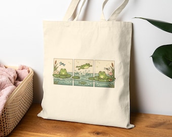 Frogs On Lily Pads Canvas Tote Bag, Aesthetic Frog Lover Gift, Cottagecore Frog Tote, Whimsical Nature Bag, Gift For Frog Enthusiast