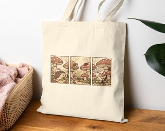 Mushroom Forest Canvas Tote Bag, Woodland Canvas Bag, Cottagecore Mushroom Gift, Fairycore Tote, Whimsical Forest Bag, Hedgehog Lover Gift