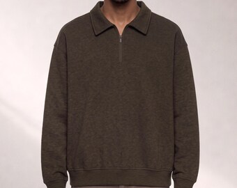 Unisex Boxy Quarter Zip Sweatshirt | Oversized Heavy Fleece Pullover | Drop Shoulder Streetwear Top | Minimalist Outer Layer