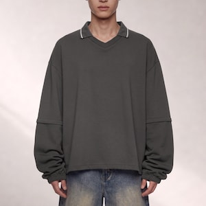 Detachable Collar Boxy Sweatshirt | Heavyweight Drop Shoulder Pullover | Unisex Street Style Outer | Drawstring Hem Casual Top