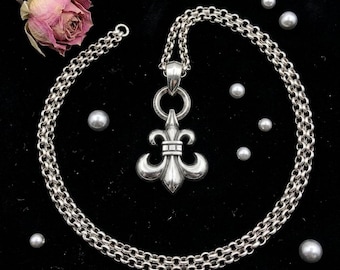 Gothic Fleur de Lis Necklace, Silver Cross Pendant Necklace, CH 925 Silver Punk Grunge Jewelry, Unisex Gothic design, birthday Gift 24 In