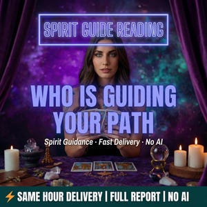 Puede incluir: Imagen que promociona una lectura de guía espiritual. El texto dice "Spirit Guide Reading" y "Who is Guiding Your Path". La imagen presenta a una mujer sosteniendo cartas del tarot, con velas y una bola de cristal sobre una mesa.