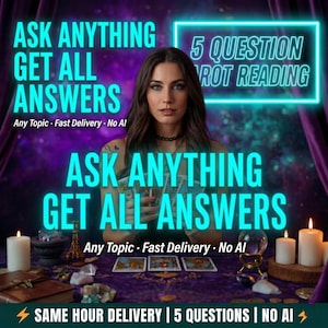 May include: A woman holding tarot cards, with text overlayed that reads "ASK ANYTHING GET ALL ANSWERS" and "5 QUESTION ROT READING". The image includes candles, crystals, and a crystal ball, with the text "Any Topic - Fast Delivery - No AI".