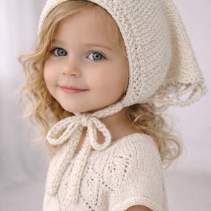 Hand Knitted Baby Bonnet, Cotton Baby Hat, Vintage Style Bonnet, Toddler Girl Hat, Cream Knit Bonnet, Baby Girl Gift, Spring Summer Hat