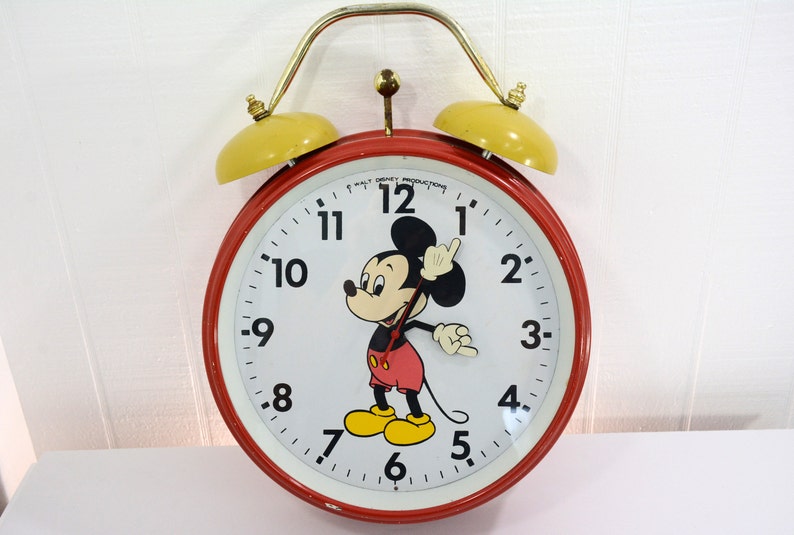 Vintage Mickey Mouse Wall Clock Large Alarm Style Hanging Made Of Metal By Walt Disney Productions Red Yellow Uni - Mickey Mouse Wall Clock Vintage Mickey Mouse Wall Clock Large Alarm Style Hanging Made Of Metal By Walt Disney Productions Red Yellow Uni - Mickey Mouse Wall Clock