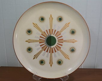 16" Large Metal Serving Tray; Mid Century Art Deco Style with Gold and Green Geometric Details - Holiday, New Years, Serving, Cookies