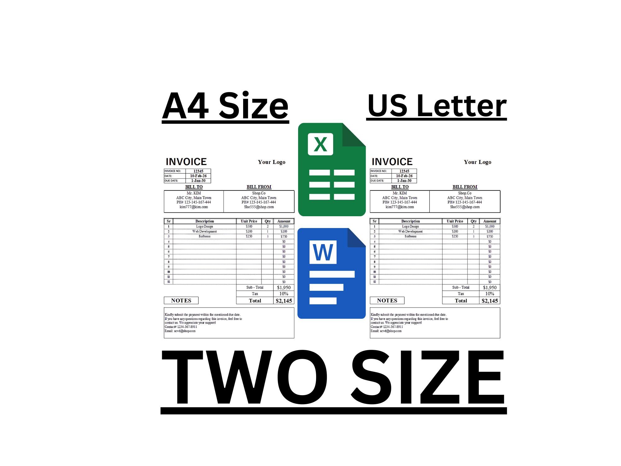 Editable Invoice Template, Printable Invoice Excel & Word, A4 and US ...