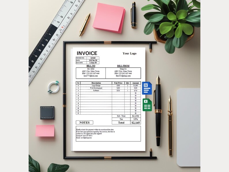 Editable Invoice Template, Printable Invoice Excel & Word, A4 and US ...