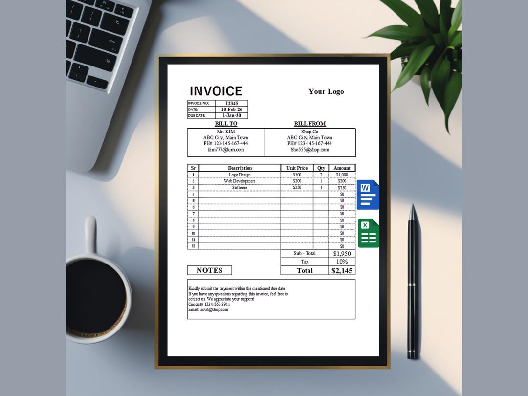 Editable Invoice Template, Printable Invoice Excel & Word, A4 and US ...