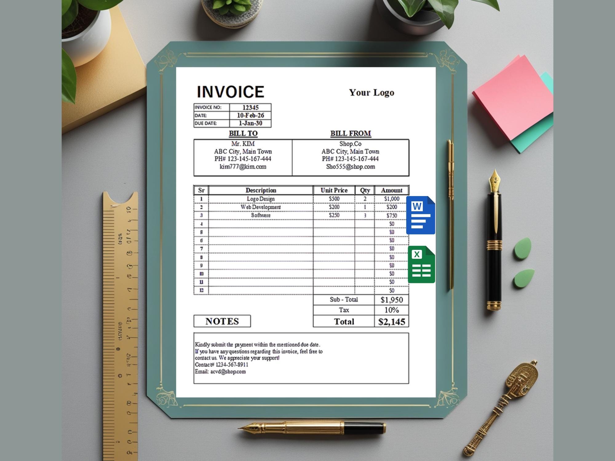 Editable Invoice Template, Printable Invoice Excel & Word, A4 and US ...