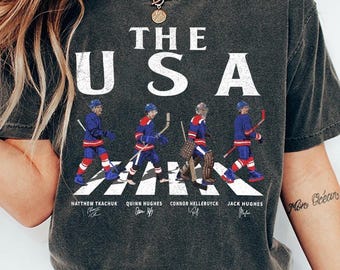 Comfort Colors® USA Hockey Shirt, USA Inspired Graphic, American Hockey Pride Gift, Usa Walking Road Signatures Ice Hockey Shirt