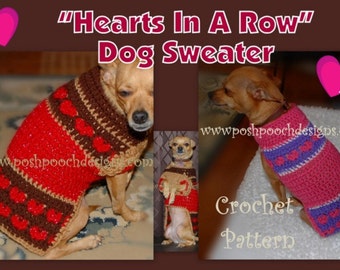 Instant Download CROCHET PATTERN - Dog Sweater "Hearts in a Row" Valentine Dog Sweater