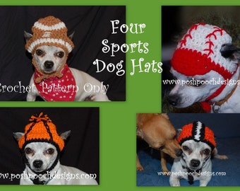 Instant Download Crochet Pattern Bundle - 4  Dog Sports hats - football, baseball, basketball Small Dog Hats 2-20 lbs