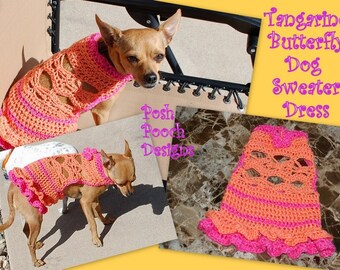 Instant Download Crochet Pattern - Tangerine Butterfly Dog Sweater Dress - Small Dog 2-20 lbs