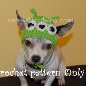 Instant Download  Crochet Pattern - Dog Hat 3 Eyed  Green Alien - Small Dog Beanie