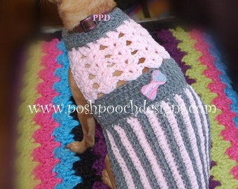 Instant Download Crochet Pattern - Pink and Grey Pleated Dog Sweater Dress - small Dog 2-20 lbs