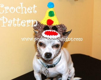 Instant Download - Crochet Pattern - Birthday Sock Monkey Dog Hat Small Dog beanie 2-20 lbs