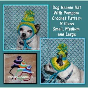 Download instantâneo Padrão de Crochê - Gorros para Cachorro com Pompom 3 tamanhos - Pequeno, Médio e Grande