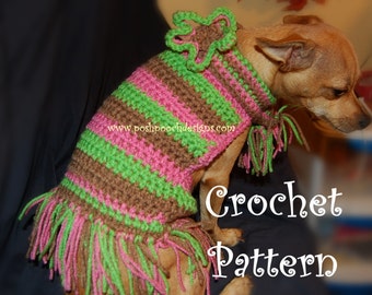 Instant Download Crochet Pattern - Striped Dog Sweater with scarf and Fringe - Small Dog