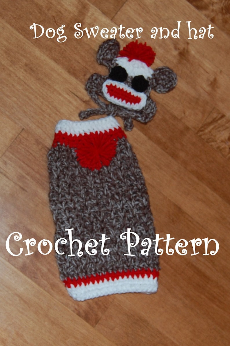 Instant Download Crochet Pattern Sock Monkey Dog Sweater and Hat Small Dog 2-20 lbs image 1