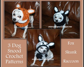 3 Dog Snoods Crochet Pattern Bundle - Fox, Skunk and Raccoon Dog Snoods