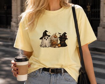 Halloween Shirt, Comfort Colors Tee, Ghost Shirt, Cat Tee, Spooky Shirt, Pumpkin Latte Shirt, Witchy Cat Shirt, Halloween Gift, Witch Shirt
