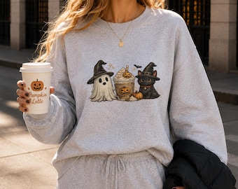 Halloween Sweatshirt, Ghost Sweatshirt, Black Cat Sweatshirt, Pumpkin Sweatshirt,Witchy Cat Sweater,Spooky Season Gift for Her,Halloween Top