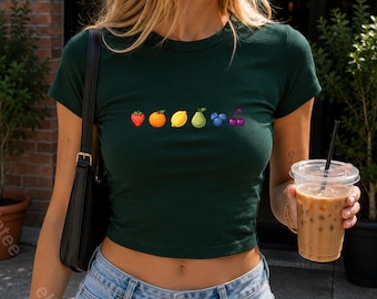 Fruit Crop Top, Fruit Baby Tee, Summer Crop Tee, Colorful Fruit Shirt, Cottagecore Crop Top, Girly Croptop, Gift for Friend, Y2K Baby Tee