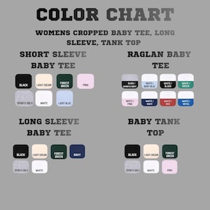 The image is a color chart that displays various color options for women's cropped baby t-shirts, long sleeves, and tank tops.