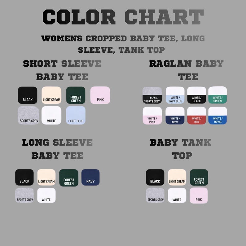 The image is a color chart that displays various color options for women's cropped baby t-shirts, long sleeves, and tank tops.