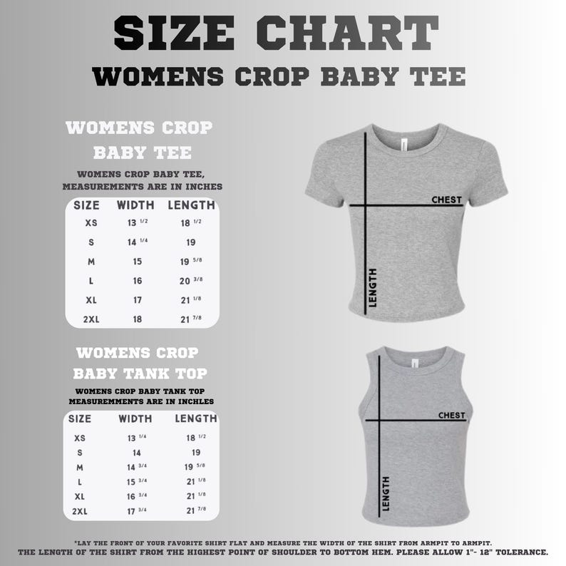 The image is a size chart for women's crop baby t-shirts. It provides measurements for different sizes, including XS, S, M, L, XL, and 2XL, along with corresponding chest measurements. The chart also includes a waist and length measurement for the t-shirt.
