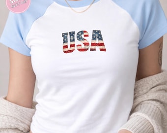 4th Of July Baby Tee, USA Flag Crop Top, Patriotic Freedom Top, Independence Day Outfit Women, American Flag Baby Tee, July 4 Outfit