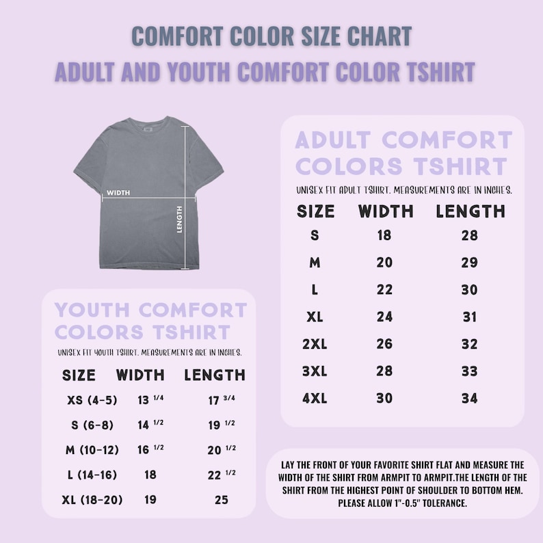 May include: A gray Comfort Colors t-shirt with a size chart for adult and youth sizes. The chart provides width and length measurements in inches for sizes S to 4XL. The youth sizes range from XS to XL.