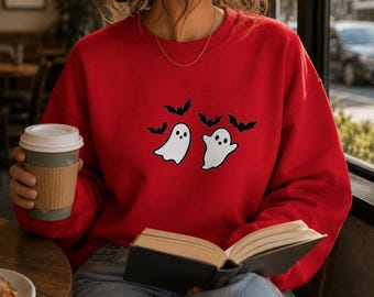 Ghost Sweatshirt, Halloween Crewneck, Spooky Season Sweatshirt, Bat Sweatshirt, Cozy Halloween Gift for Friend, Gildan Halloween Sweatshirt