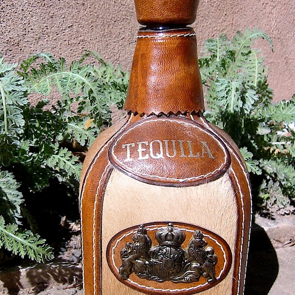 Vintage 1960's Leather Cowhide Tequila Bottle