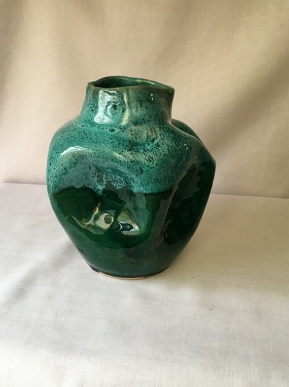Vintage Collapsed Vase Shades Of Teal No Markings Etsy