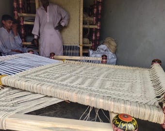 Cama Charpai pakistaní de madera hecha a mano – Cuna tradicional de cuerda tejida, diván rústico de granja, cama Desi, muebles hermosos Khatiya