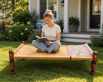 Handgemaakt houten Charpai-bed – Traditionele Pakistaanse Khatiya, Daybed-meubels van geweven touw