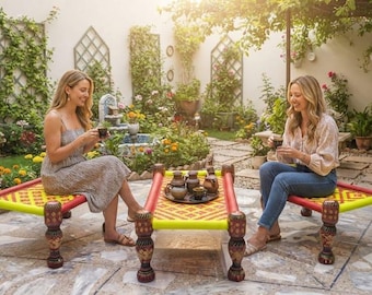 Pakistaanse handgemaakte mini Charpai-bankenset – 3-delige Zuid-Aziatische Khatiya, handgeweven houten Boho-decor, traditioneel rustiek huisaccent