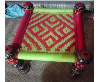 Mini charpai de madera pakistaní hecho a mano – Decoración Khatiya del sur de Asia, acento rústico bohemio tradicional tejido a mano para el hogar, regalo cultural