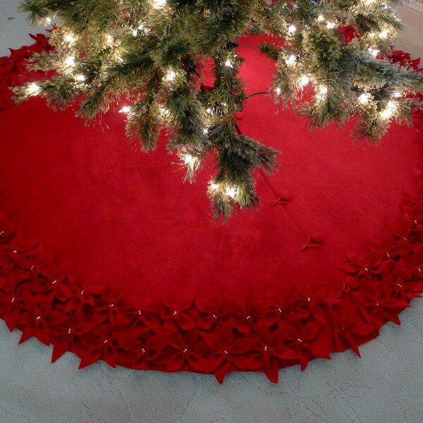 60' Christmas Tree Skirt in a Deep Red Premium felt with Hand cut and sewn flowers.  "FREE SHIPPING"