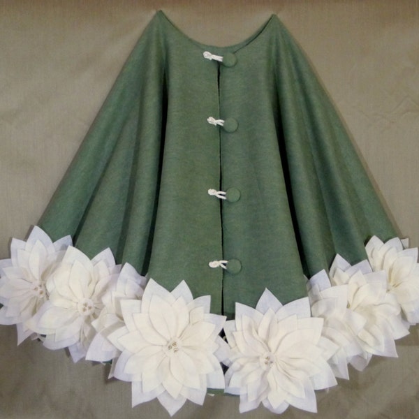 REDUCED - 65" Christmas Tree Skirt in Olive Green with Ivory poinsettas sewn around the bottom. FREE SHIPPING"