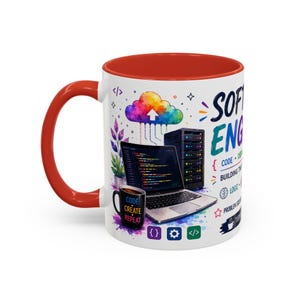 Può includere: Una tazza in ceramica bianca con interno e manico rossi, caratterizzata da una grafica colorata con un portatile, un server, una nuvola e una tazzina con la scritta "CODE CREATE REPEAT". Il testo "SOFTWARE ENGINEER" è stampato accanto a icone di codice.